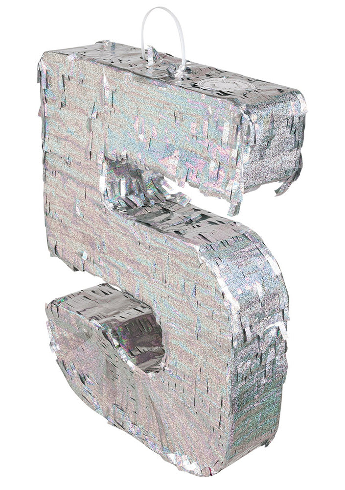 Holografická stříbrná piñata číslo 5 40 x 28 x 8 cm k narozeninám
