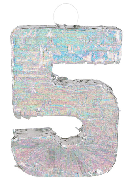 Holografická stříbrná piñata číslo 5 40 x 28 x 8 cm k narozeninám