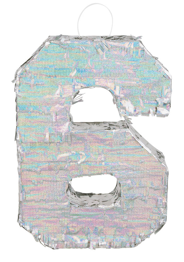 Holografická stříbrná Piñata číslo 6 40 x 28 x 8 cm ozdobit