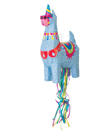 Piñata lama pour fête bleu avec lunettes roses et chapeau pointu