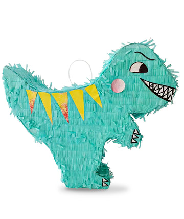 Piñata T-rex pour enfant turquoise avec crête jaune