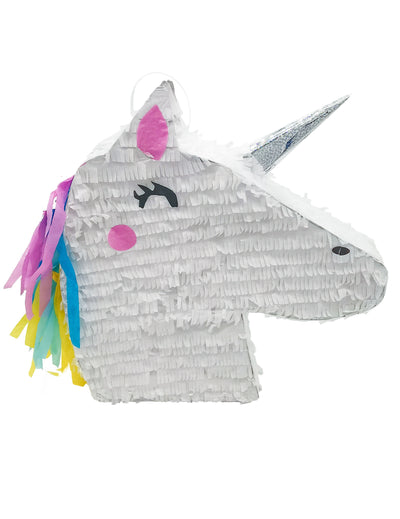 Piñata tête de licorne kawaï blanche avec crinière arc-en-ciel et corne argentée