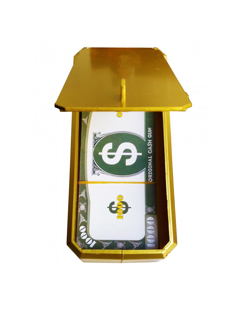 Vue du compartiment à billets ouvert du pistolet distributeur de billets Cash Gun