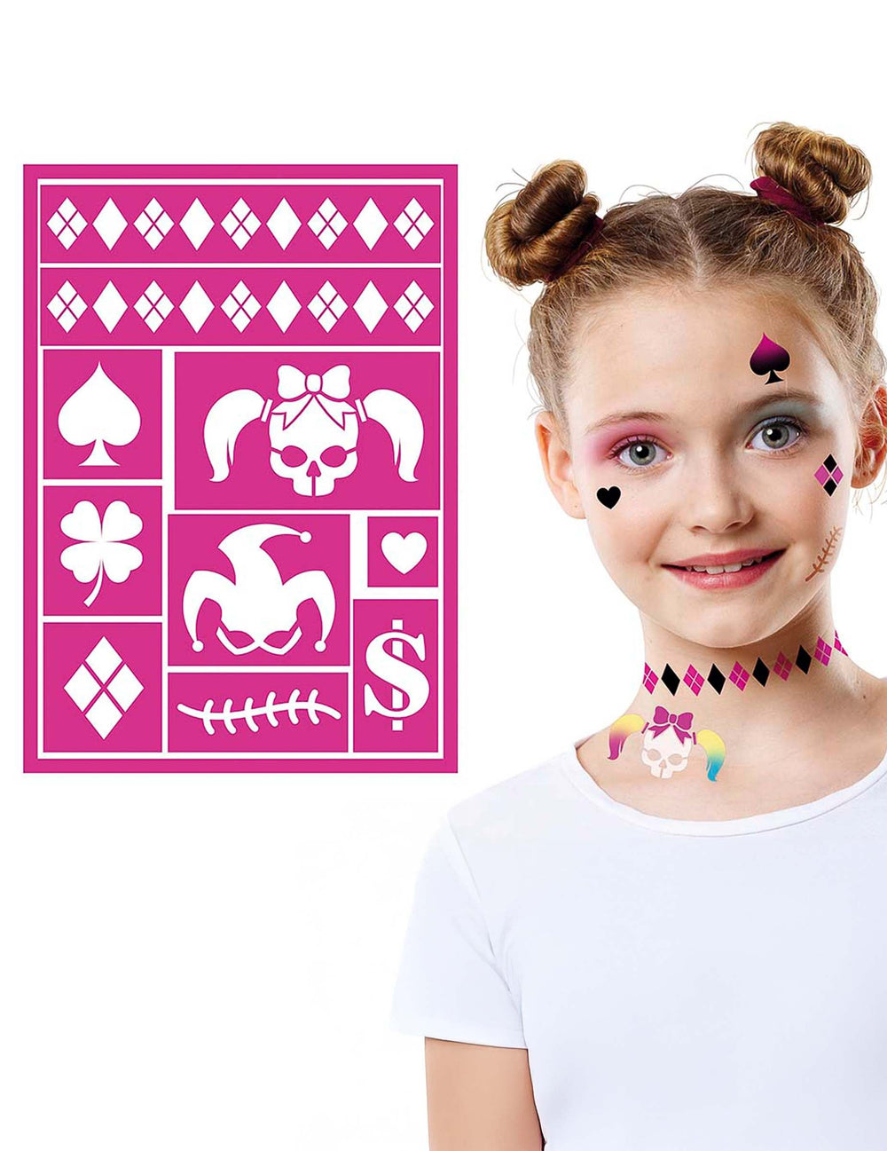 Pochoir de maquillage arlequin maléfique pour enfant rose avec motifs de crâne et losanges