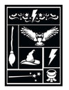 Pochoirs de maquillage apprenti sorcier pour enfant noir et blanc avec motifs de hibou et chapeau