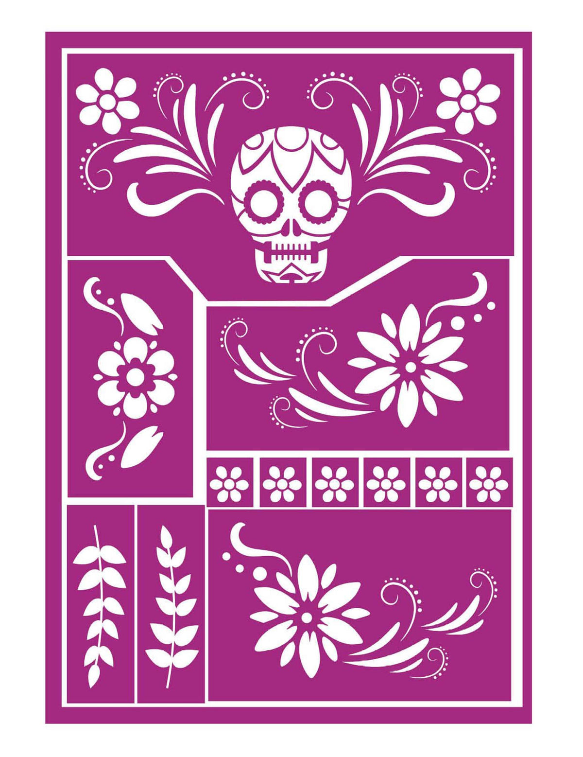 Détail des motifs des pochoirs de maquillage Dia de los muertos pour enfant