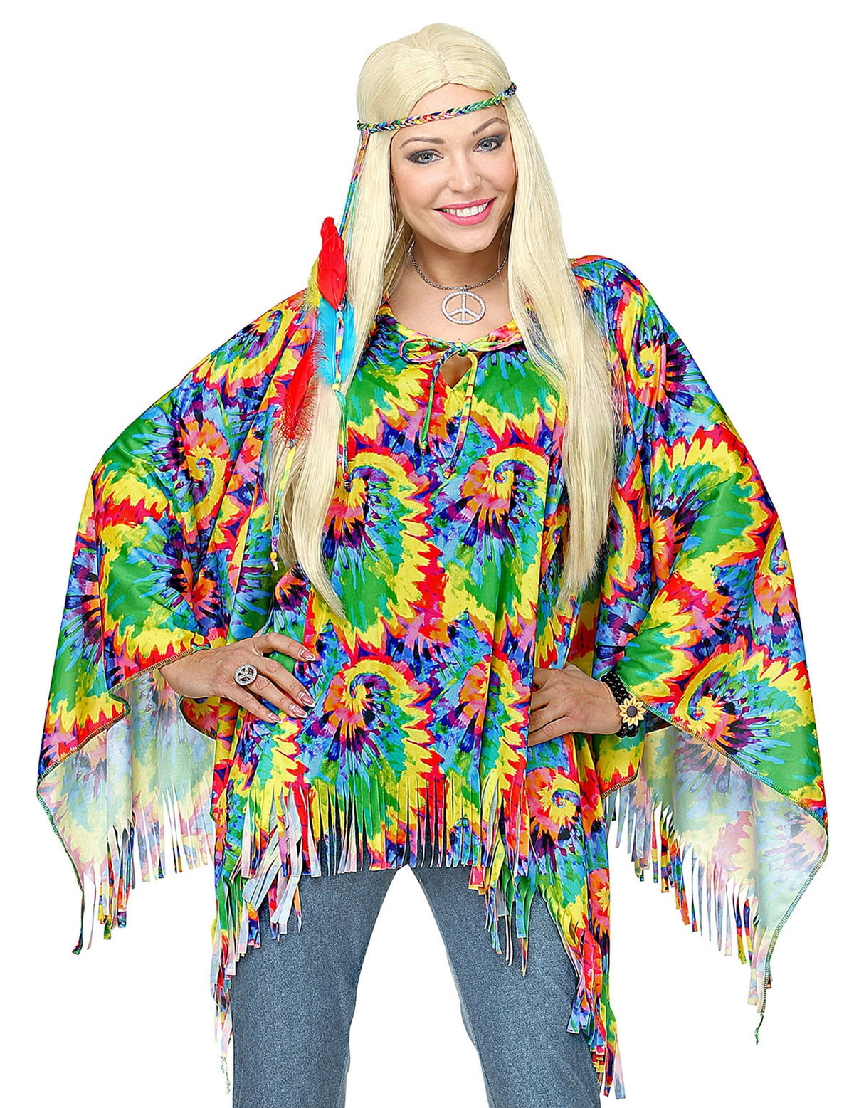 Poncho et tour de tête hippie psychédélique pour adulte multicolore à franges