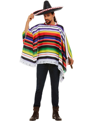Poncho mexicain pour homme à rayures multicolores et franges blanches