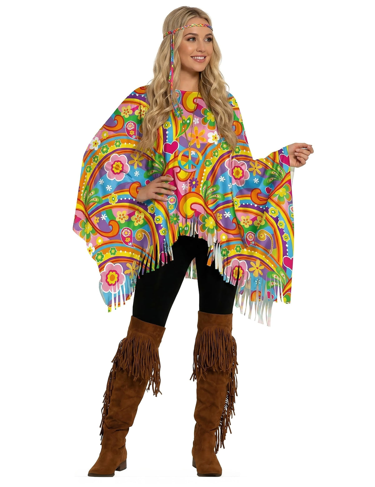 Poncho peace and love pour adulte multicolore avec motifs fleurs et franges