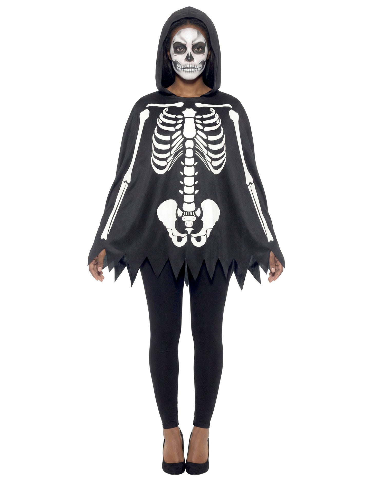 Poncho squelette pour adulte noir et blanc avec capuche