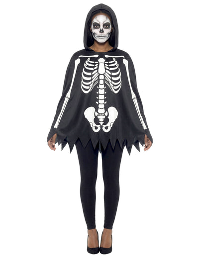 Poncho squelette pour adulte noir et blanc avec capuche