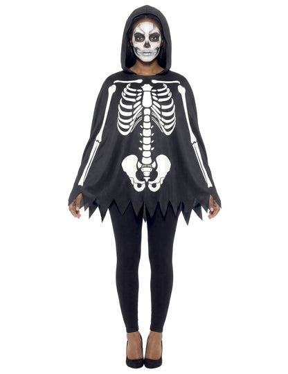 Poncho squelette pour adulte noir et blanc avec capuche