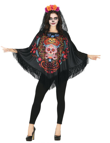 Dia de los muertos dospělá barevná kostra pončo