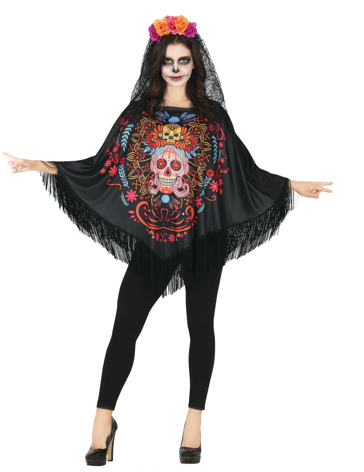 Poncho Colored Skeleton Dia de los muertos dospělý
