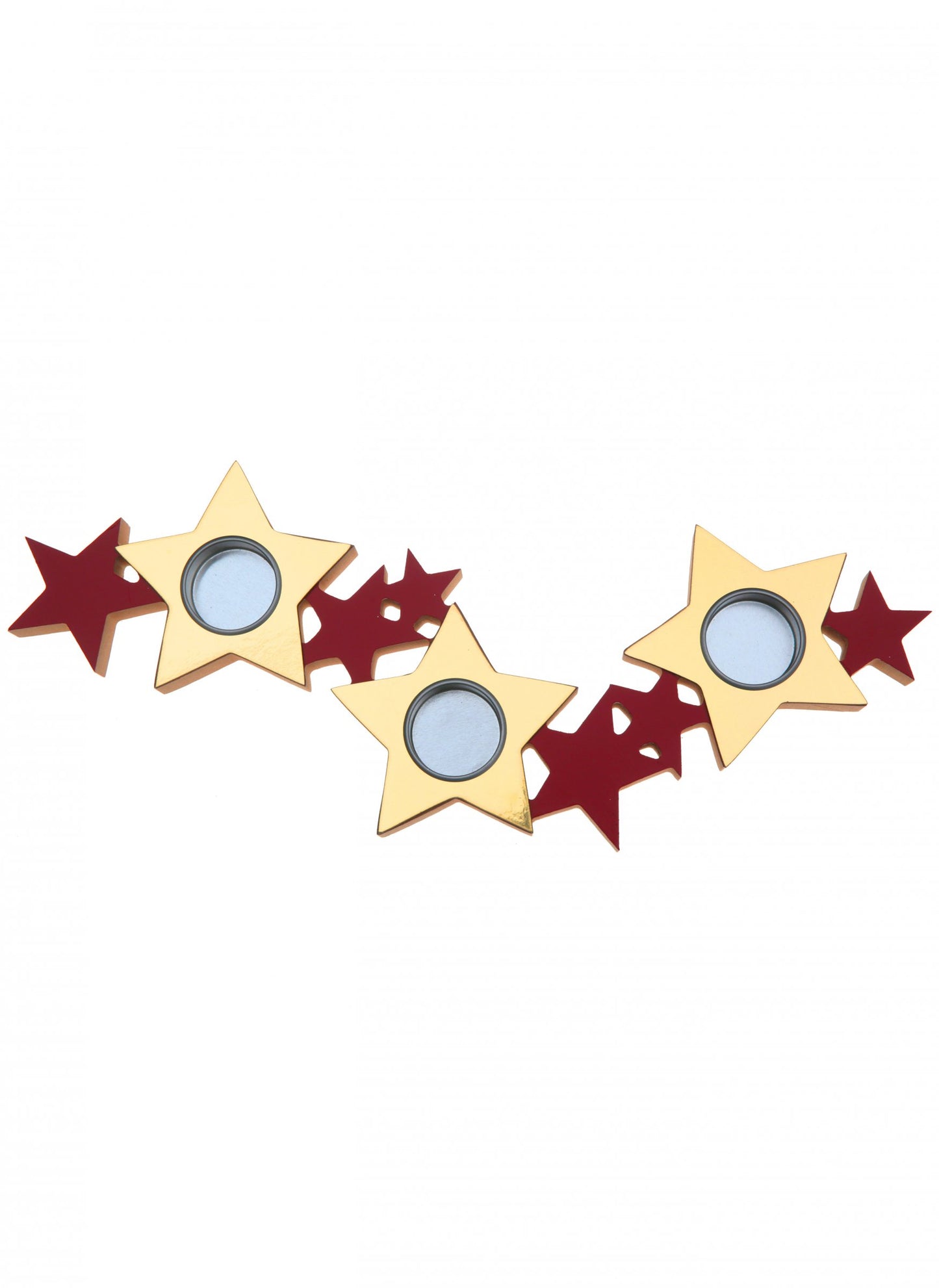 Dřevěný a kovový svícen s červenými a zlatými hvězdami 40 x 13 x 2 cm Vánoční dekorace