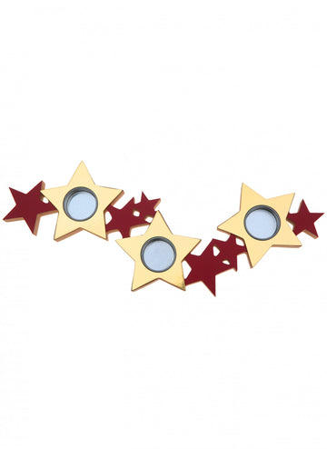 Dřevěný a kovový svícen s červenými a zlatými hvězdami 40 x 13 x 2 cm Vánoční dekorace