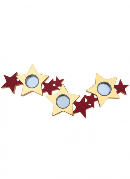 Dřevěný a kovový svícen s červenými a zlatými hvězdami 40 x 13 x 2 cm Vánoční dekorace