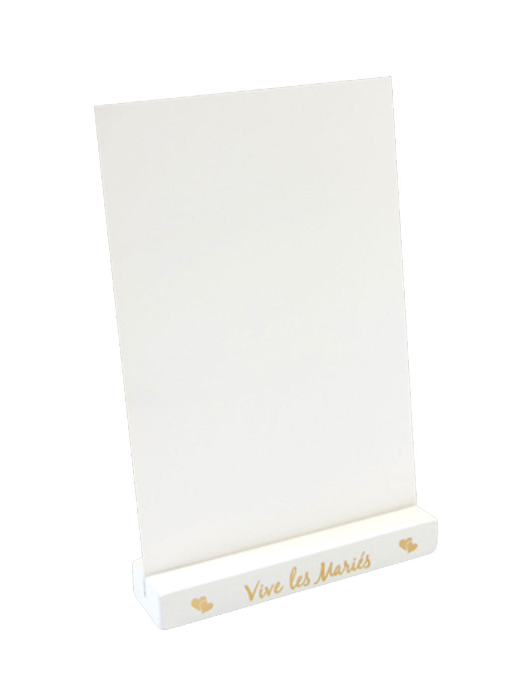 Dřevěný držák na menu pro nevěstu a ženicha ve zlaté a bílé barvě se srdíčky
