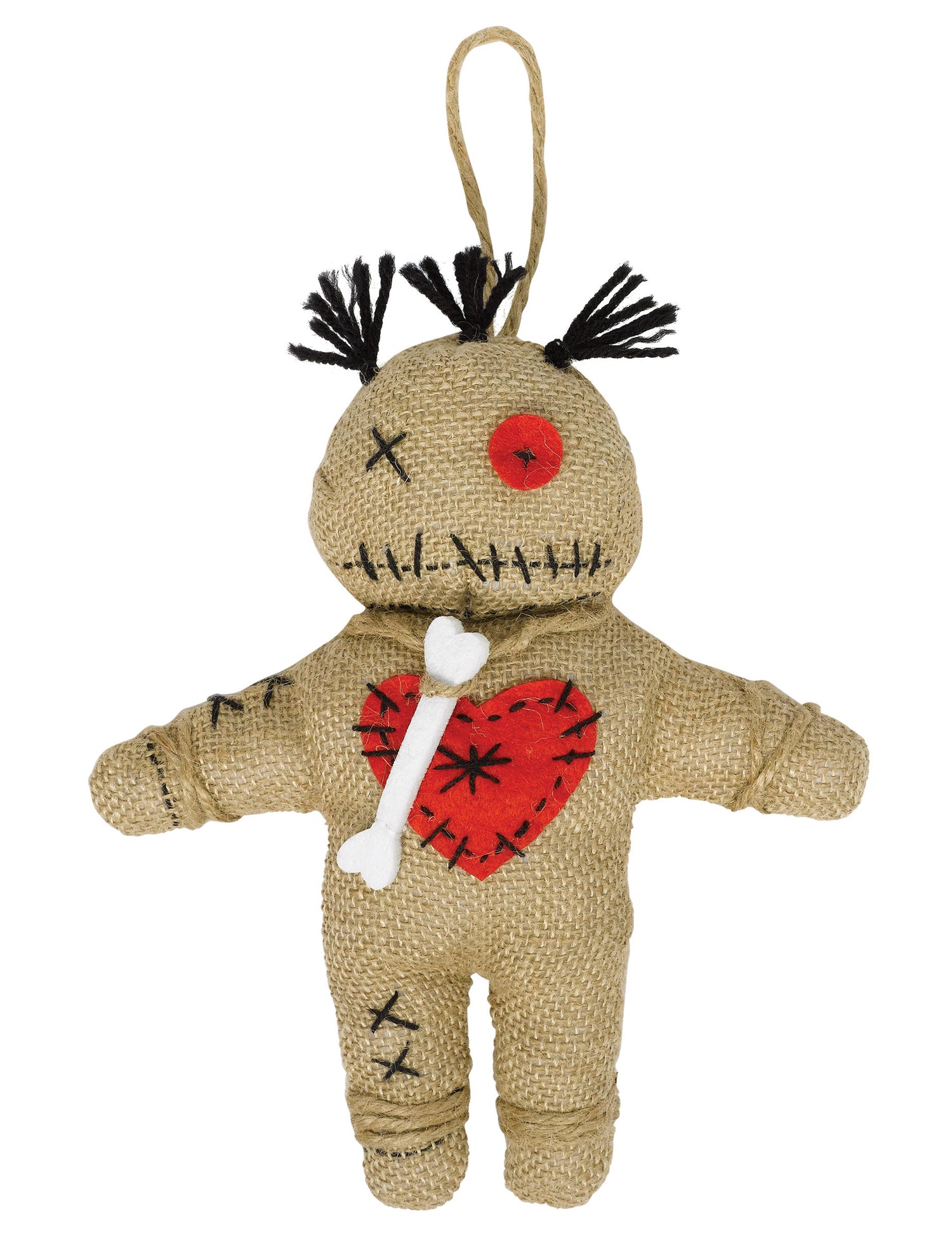 Poupée vaudou pour décoration beige en toile de jute avec cœur rouge et os blanc