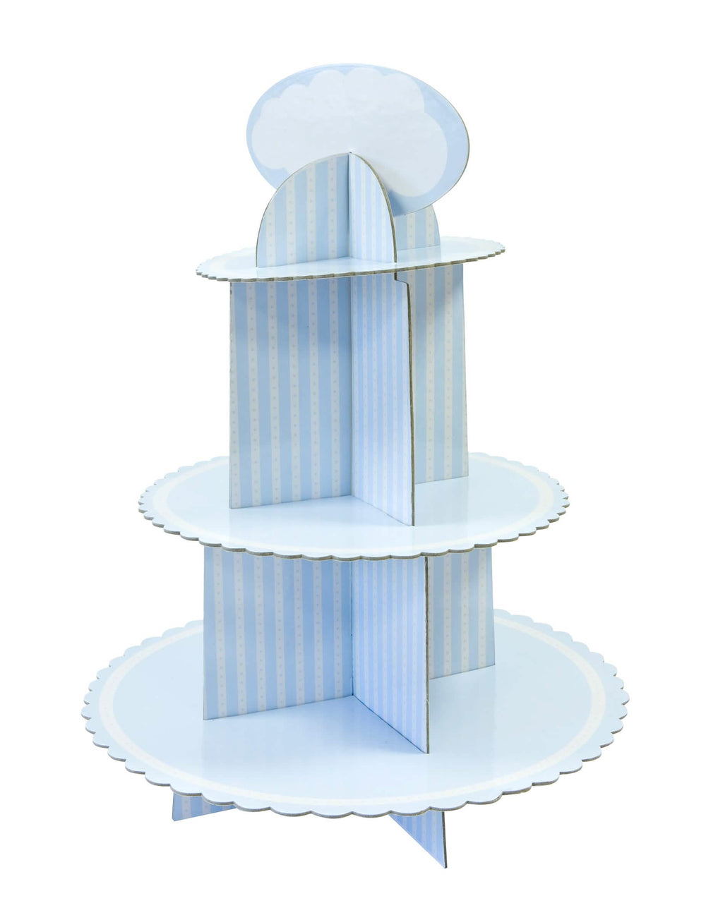 Kartonový stojan na cupcake pro baby shower s modrá a bílá pruhy