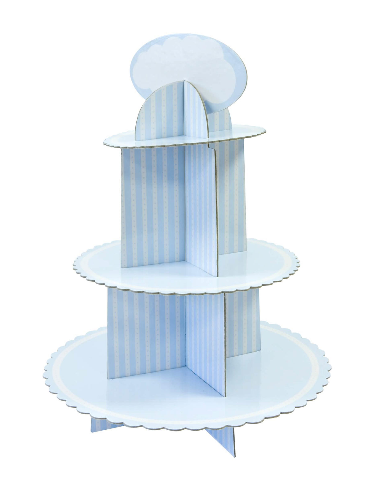 Kartonový stojan na cupcake pro baby shower s modrá a bílá pruhy