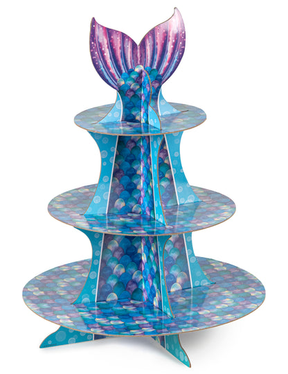 Présentoir à cupcake sirène pour fête violet et bleu avec motifs d'écailles et queue de sirène