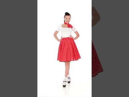Dámská červená puntíkovaná sukně a šátek ve stylu 50. let