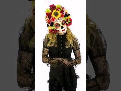 Polomaska pro dospělé s lebkou a barevnými květinami