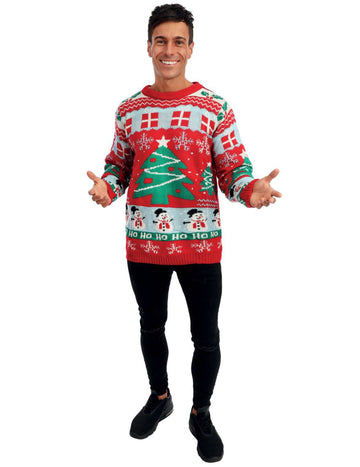 Červený vánoční svetr pro dospělé s vánočními stromky
