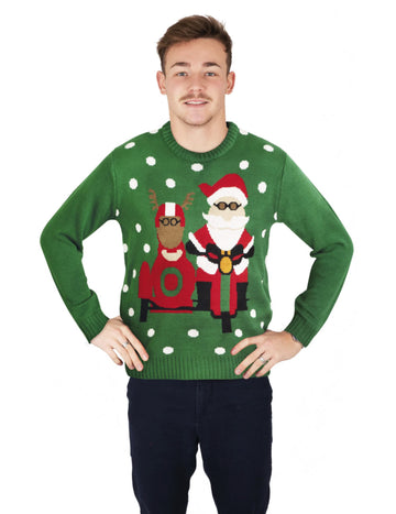 Zelený vánoční svetr s motorkářským Santou