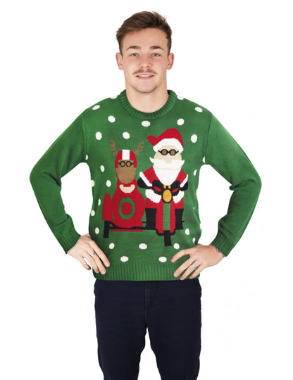 Zelený vánoční svetr s motorkářským Santou