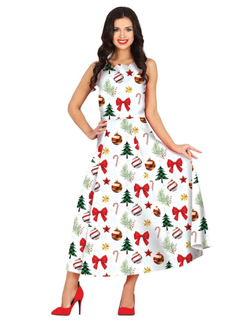 Dámské dlouhé bílé vánoční vzorované šaty