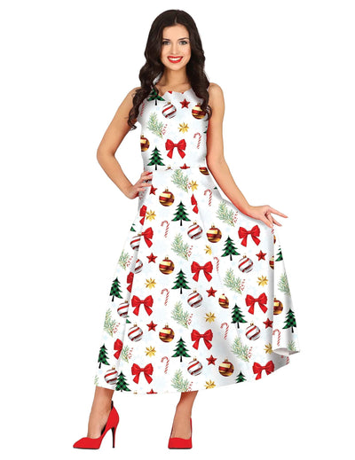 Robe longue de Noël pour femme blanche à motifs de sapins et nœuds rouges