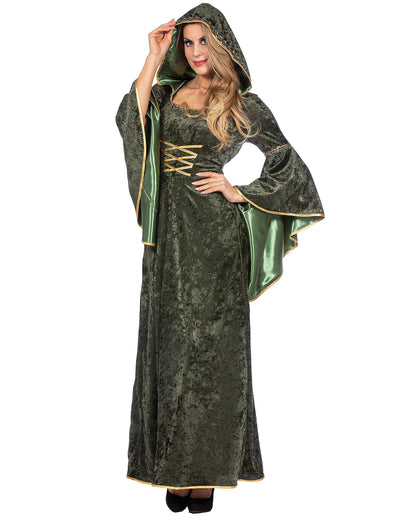 Robe médiévale longue à capuche verte luxe femme