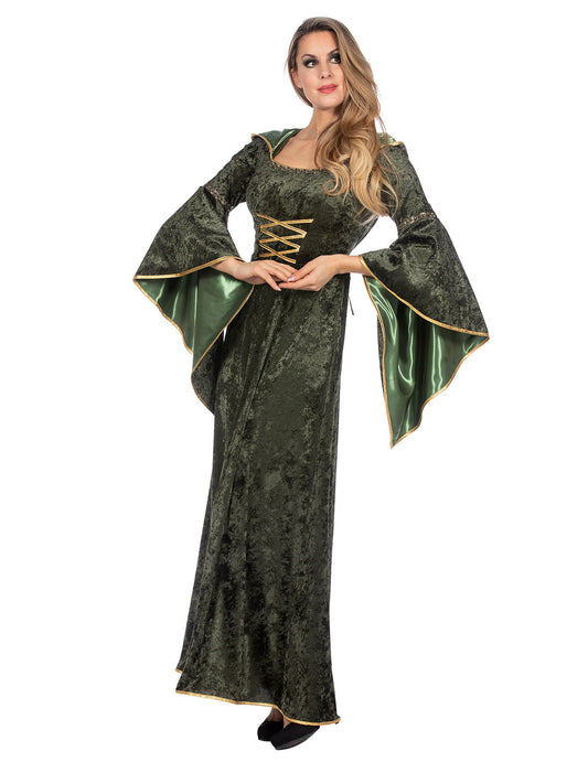 Robe médiévale longue à capuche verte luxe femme