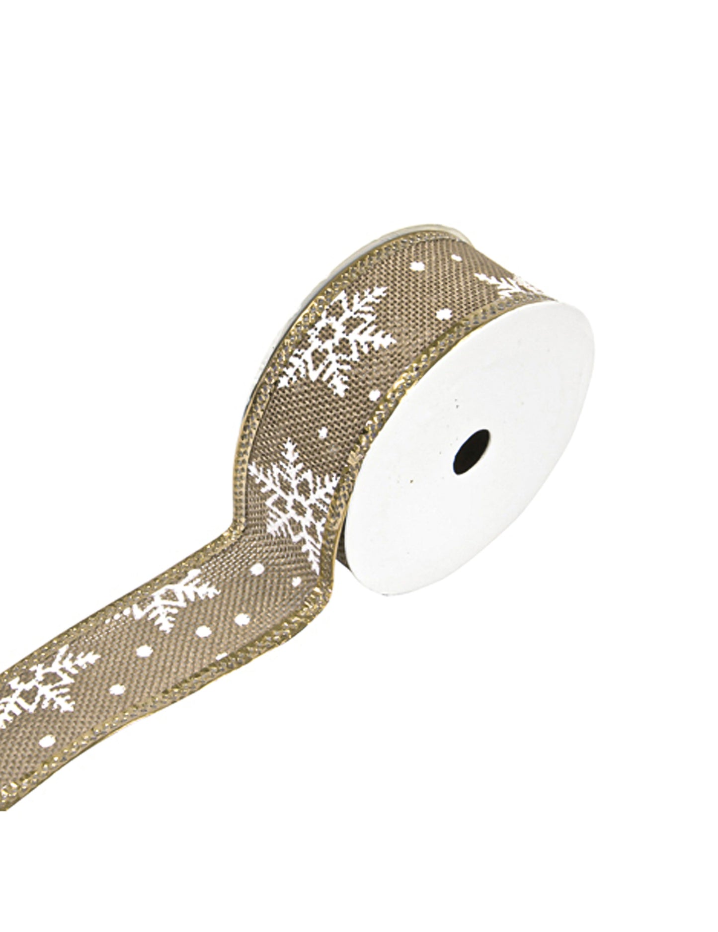 Efektní stuha z polární juty s bílými sněhovými vločkami 38 mm x 3 m na vánoční ozdobu