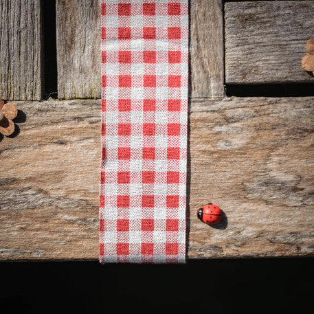 Retro červená a bílá ginghamová lněná stuha 5 cm x 5 m ve stylu guety
