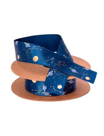 Saténová stuha s motivem astronauta zlaté barvy v námořnické barvě 1,9 cm x 10 m