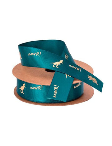 Saténová stuha s dinosauřím vzorem a RAWR! zelená flákovaná zlatá 1,9 cm x 10 m