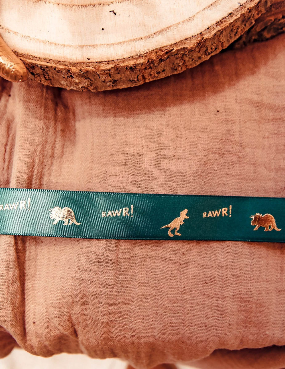 Detail zlatá značení na saténové stuze dinosaurus a RAWR! zelená s floceným zlatá