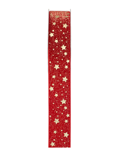 Červená stuha se zlatými hvězdami 2,5 cm x 3 m