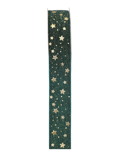 Jedlově zelená stužka se zlatými hvězdami 2,5 cm x 3 m