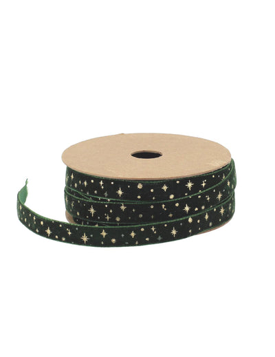 Sametová stuha s hvězdami tmavě zelená a zlatá 1 cm x 3 m