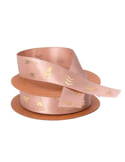 Zlatá vločkovaná indická lesní taupe saténová stuha 1.9 cm x 10 m týpí a medvědí vzory