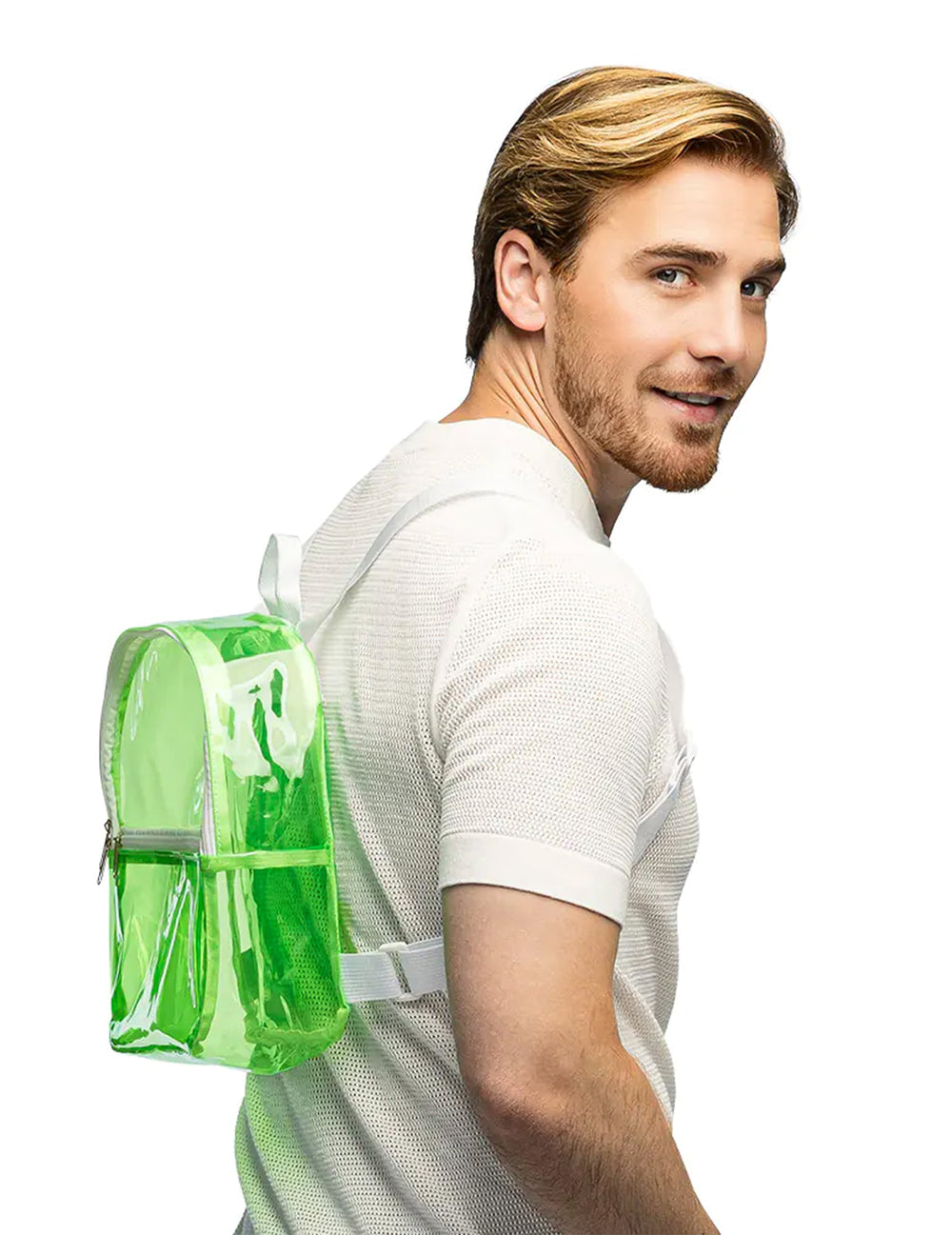 Vue de profil du sac à dos transparent vert fluo