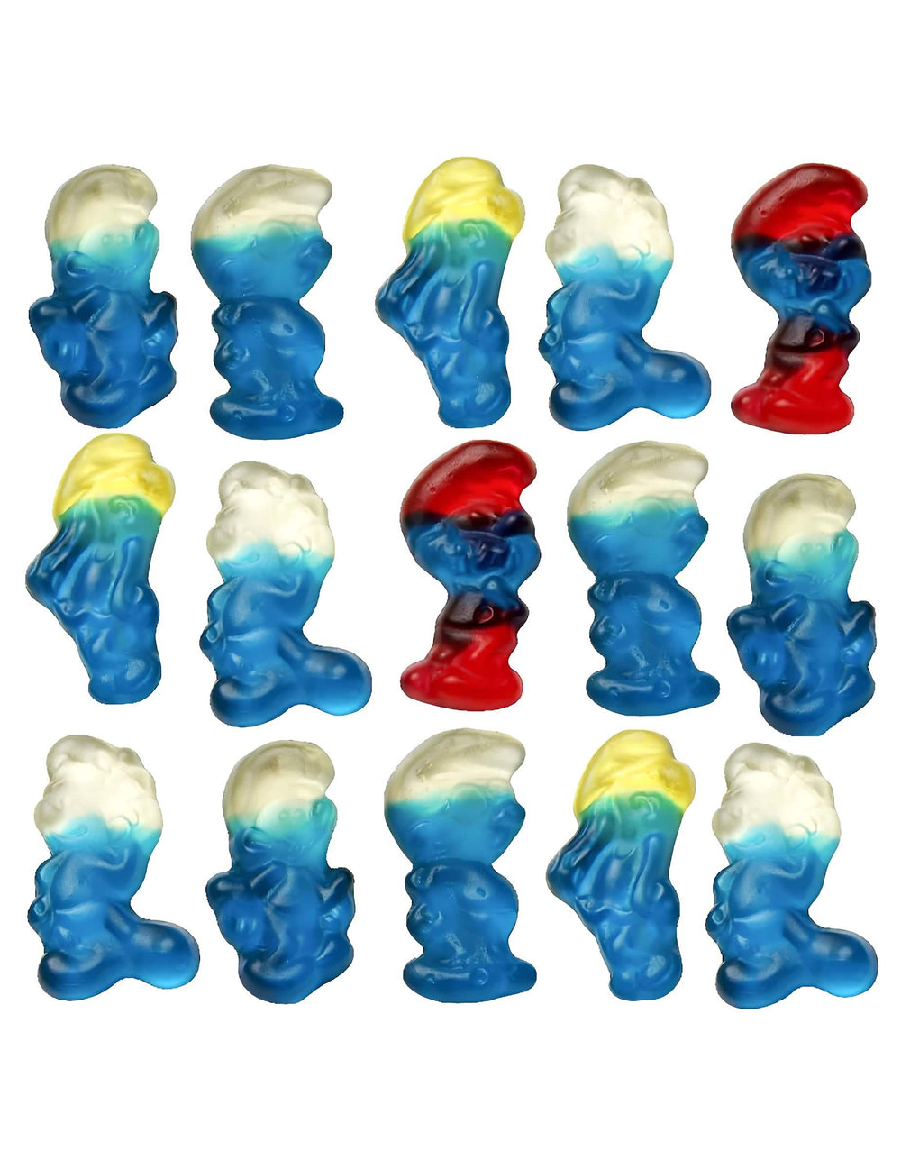 Přehled různých figurek ze sáčku bonbonů Šmoulové Haribo