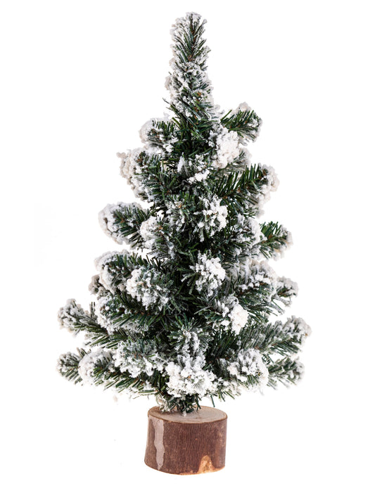 Sapin de table enneigé vert et blanc sur rondin de bois