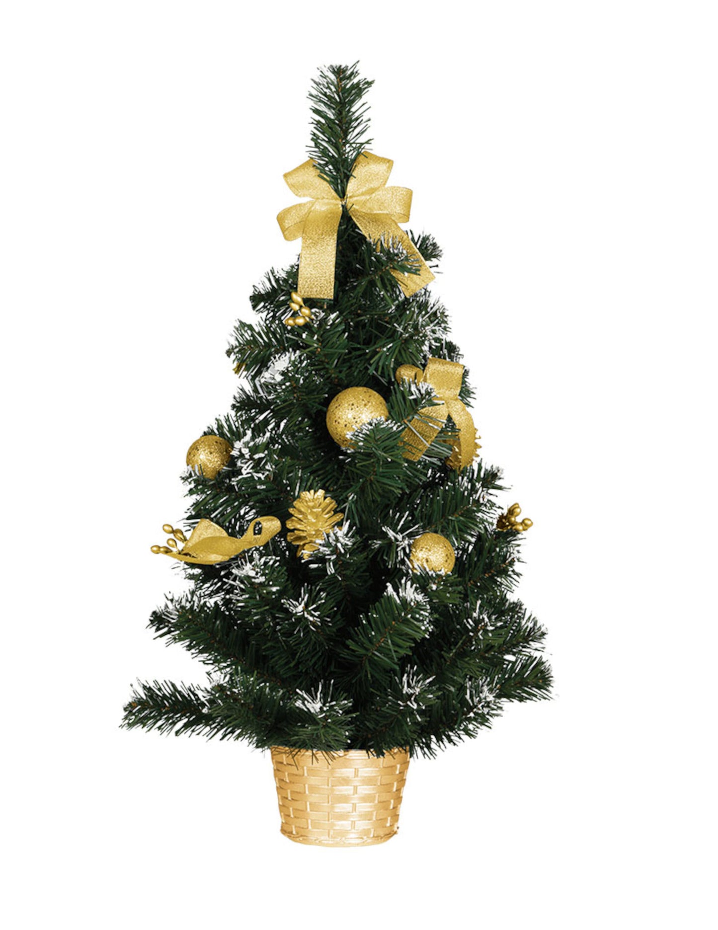 Stojící strom se zlatými ozdobami 60 cm uměle zasněžené
