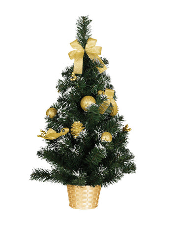 Stojící strom se zlatými ozdobami 60 cm uměle zasněžené