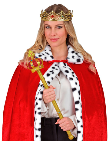 Zlatý královský žezlo pro dospělé s červenou korunkou a třpytkami